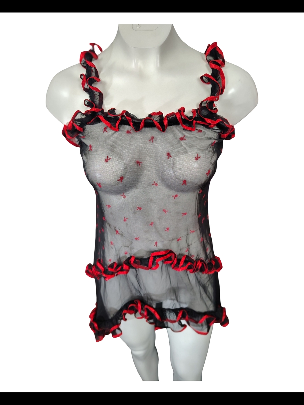 PLAYBOY Black Sheer Mesh Lingerie with Red Ruffle Trim